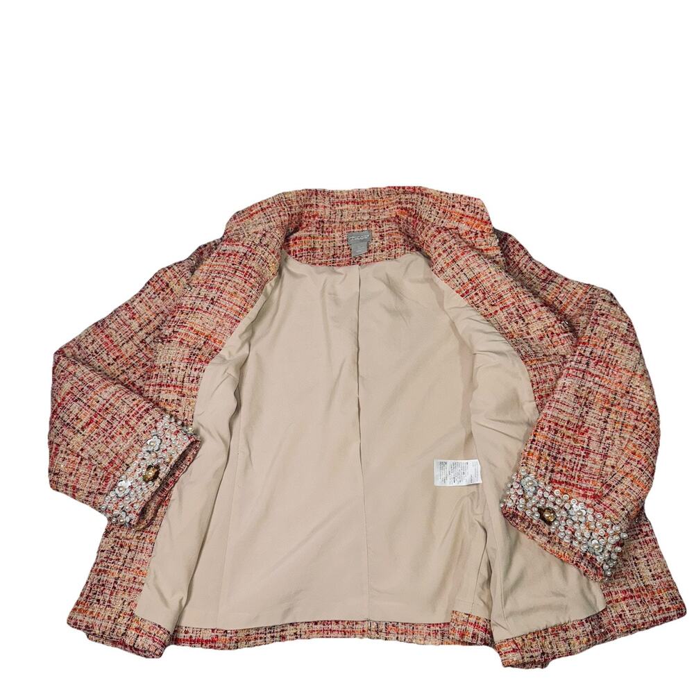 Chico's Size 0 (4/6) Embellished Pearls Tweed Woven Jacket Coral 3/4 Sleeve Coat - Picture 7 of 11